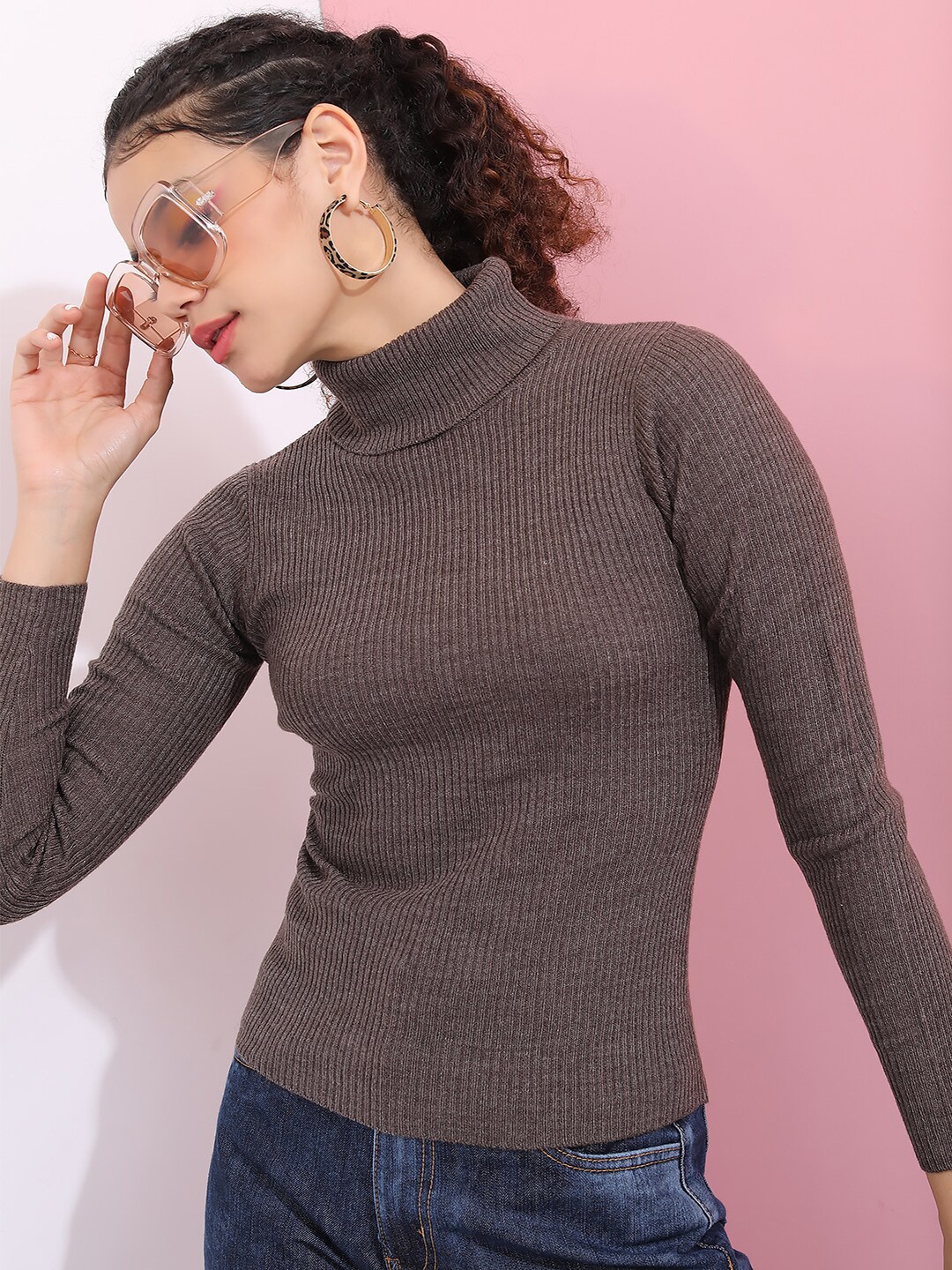 

Tokyo Talkies Women Brown Ribbed Pullover