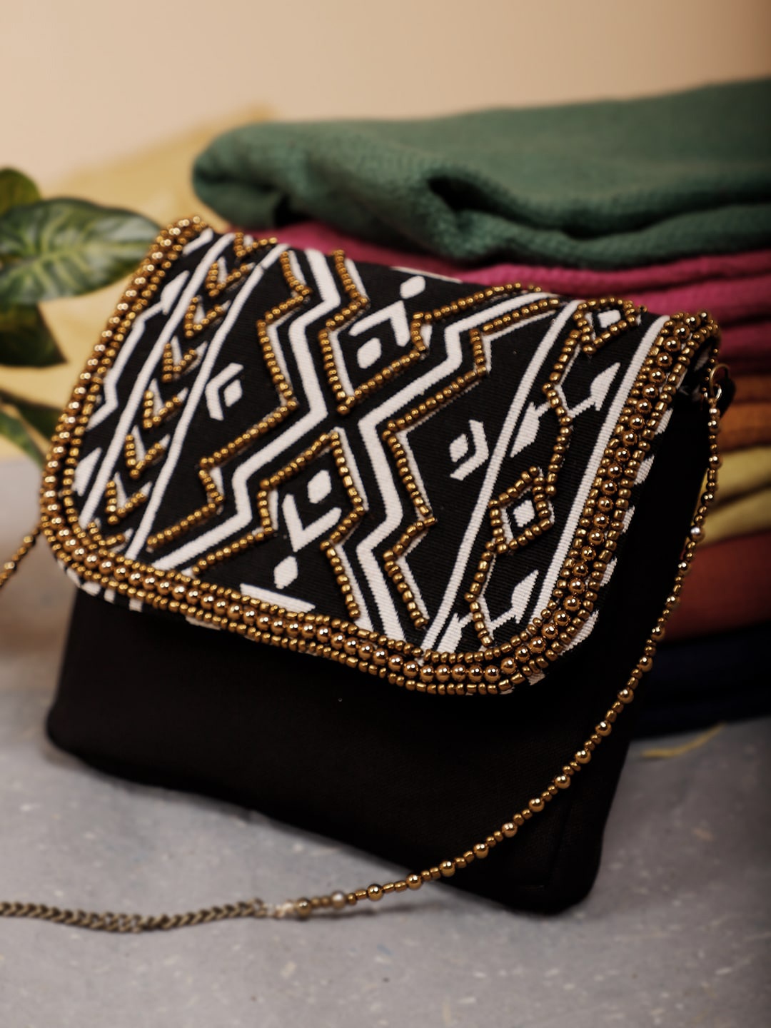 

DEEBACO Black Embellished Structured Sling Bag