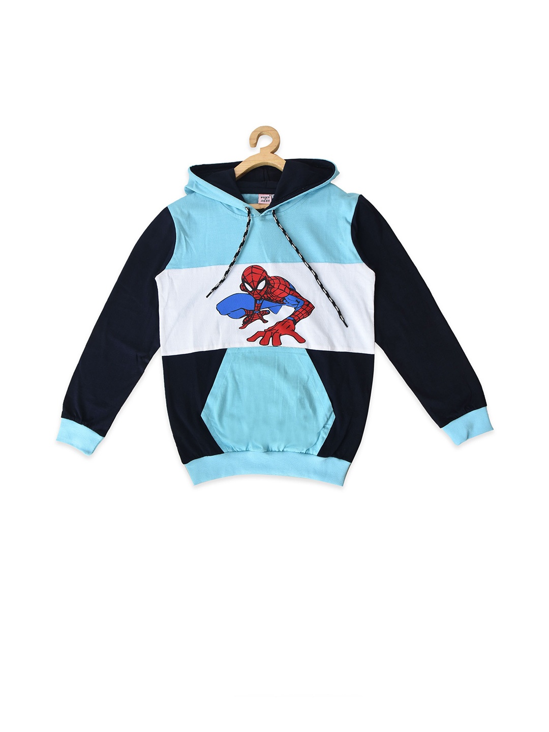 

POMY & JINNY Boys Turquoise Blue Spider Man Cotton Hooded Sweatshirt