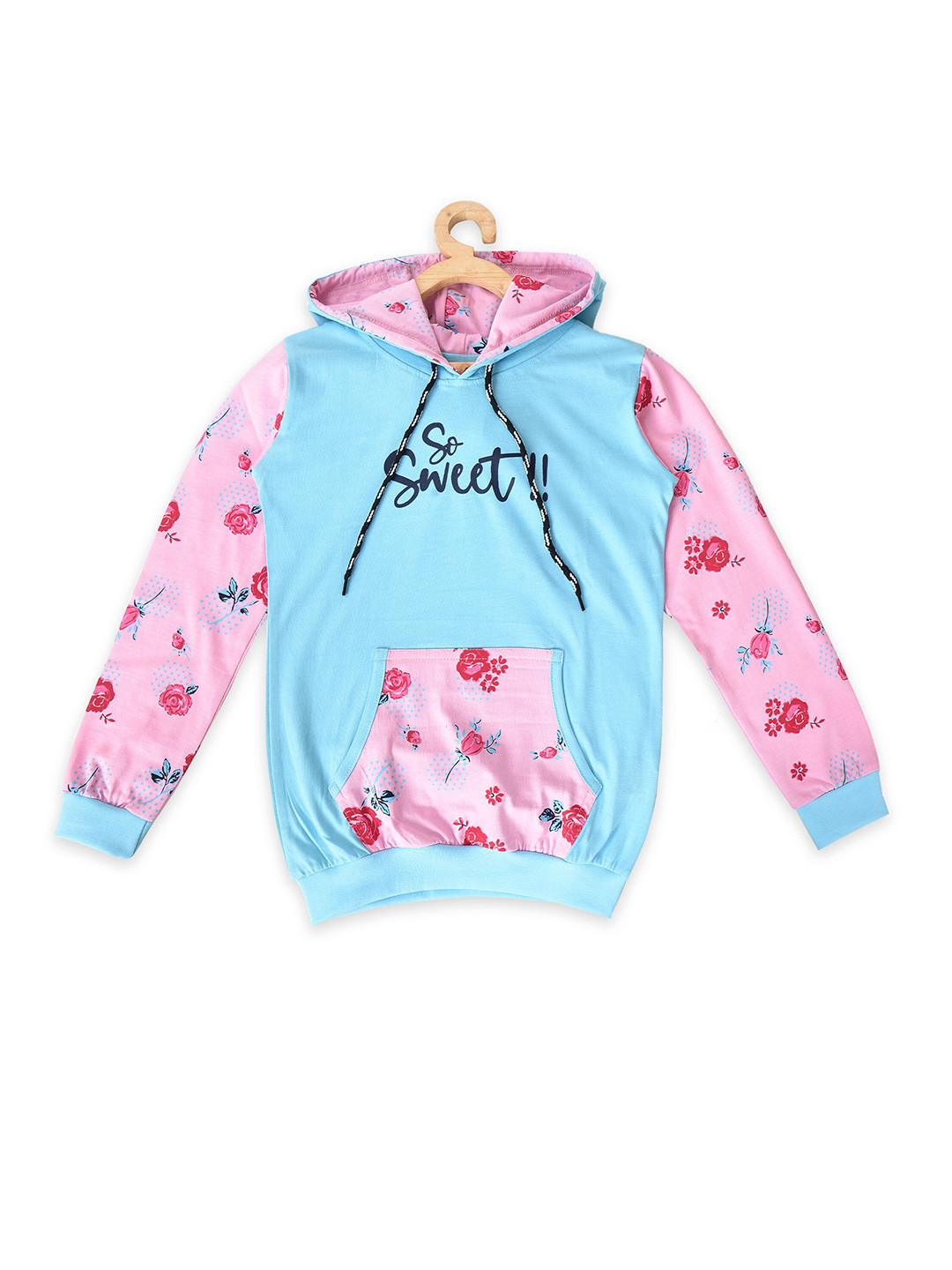 

POMY & JINNY Girls Turquoise Blue Printed Cotton Hooded Sweatshirt