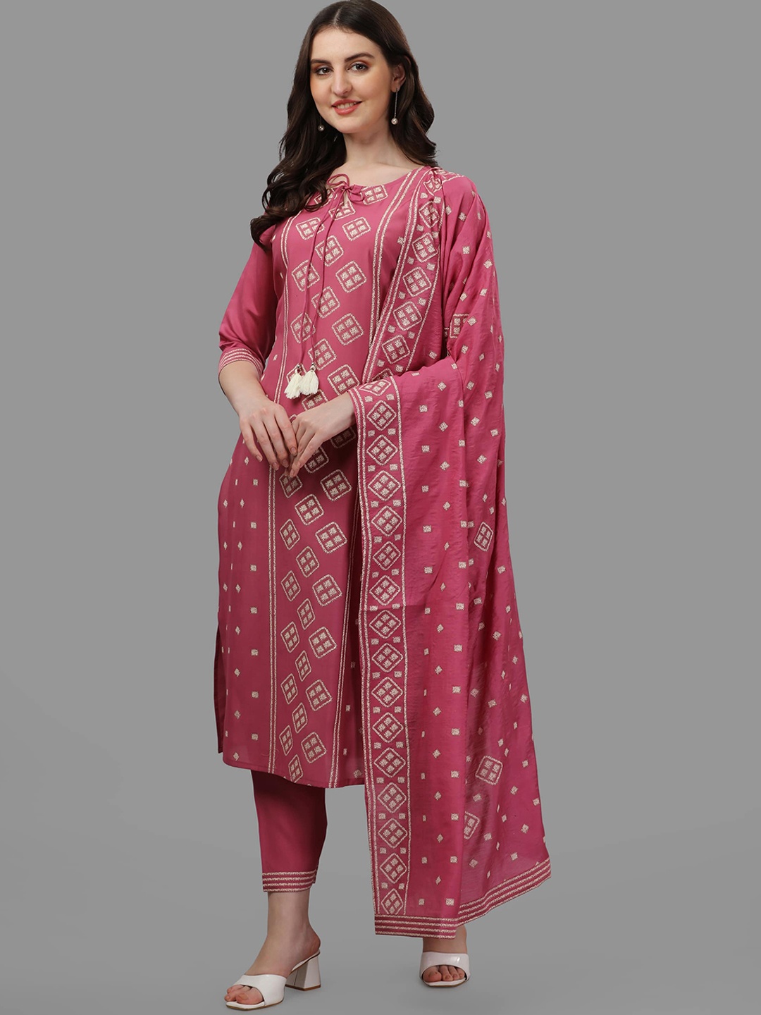 

Berrylicious Women Pink Printed Chanderi Cotton Kurta with Trousers & Dupatta