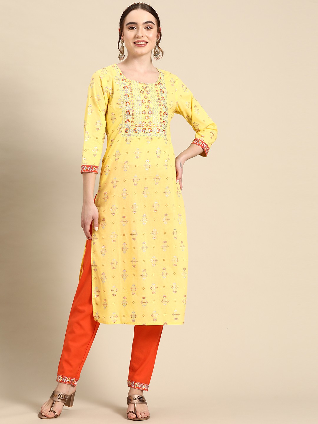 

Sangria Floral Printed Thread Work Pure Cotton Kurta with Trousers, Yellow