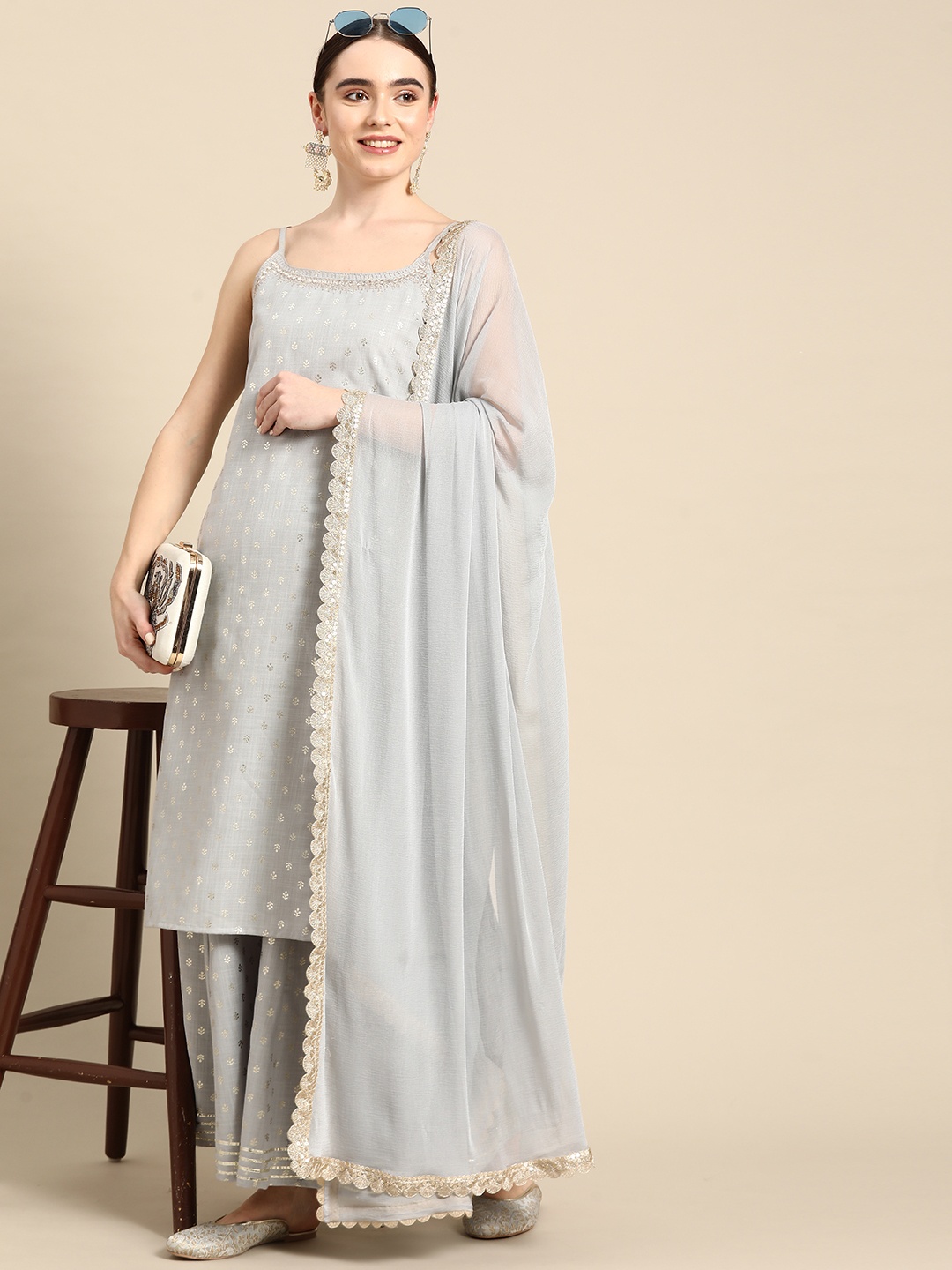 

Sangria Floral Printed Pure Cotton Kurta with Palazzos & With Dupatta, Grey