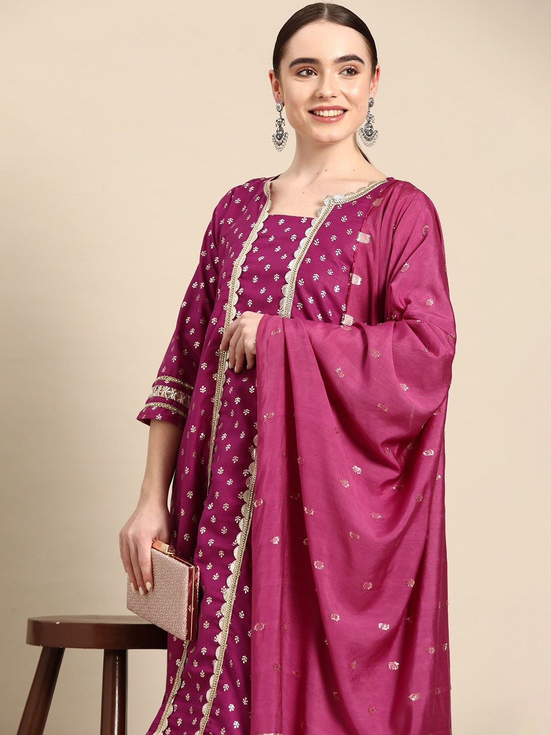 

Sangria Ethnic Motifs Printed Gotta Patti Pure Cotton Kurta with Trousers & Dupatta, Purple