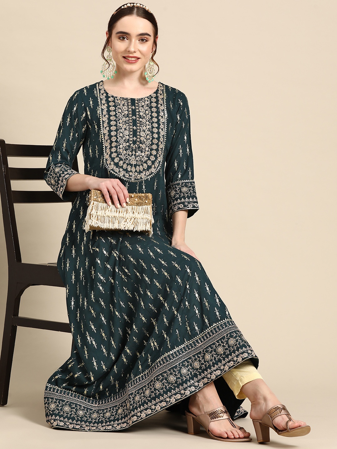 

Sangria Ethnic Motifs Printed Aari Work Anarkali Kurta, Green