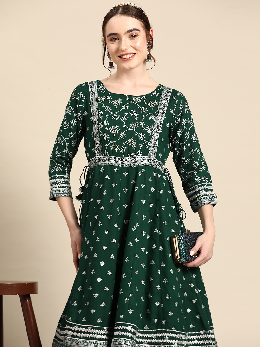 

Sangria Ethnic Motifs Printed Anarkali Kurta, Green