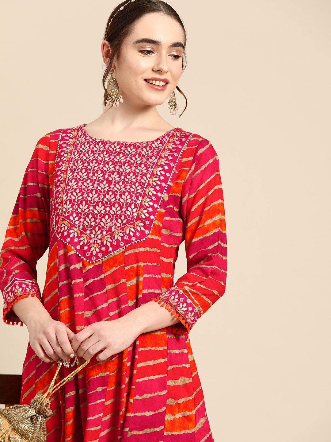 

Sangria Striped Thread Work Anarkali Kurta, Pink