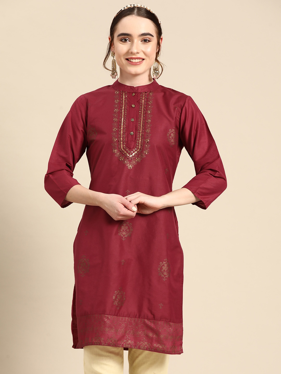 

Sangria Ethnic Motifs Printed Chanderi Silk Sequinned Kurti, Maroon