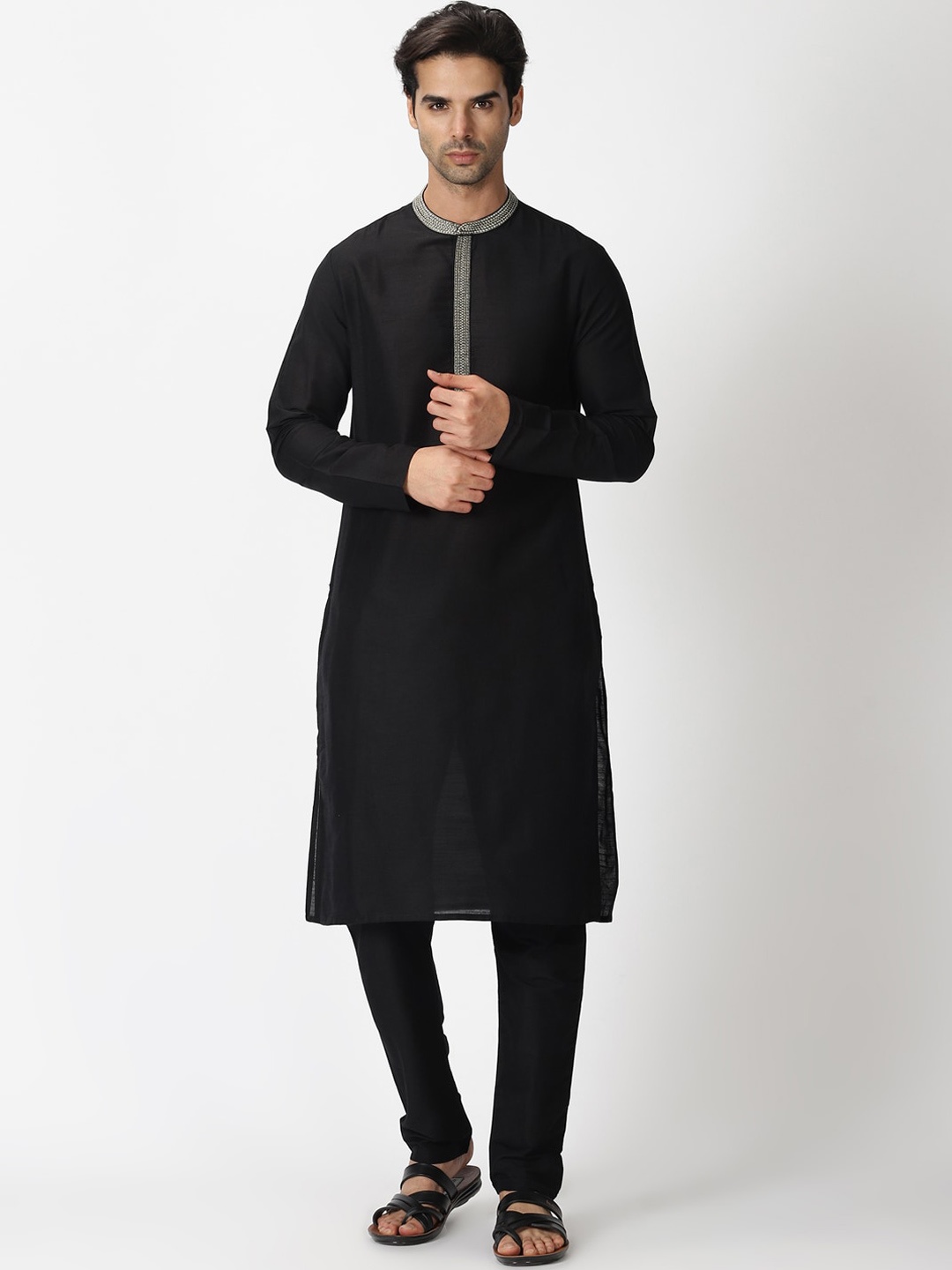 

Saffron Threads Men Black Thread Work Art Silk Kurta with Pyjamas