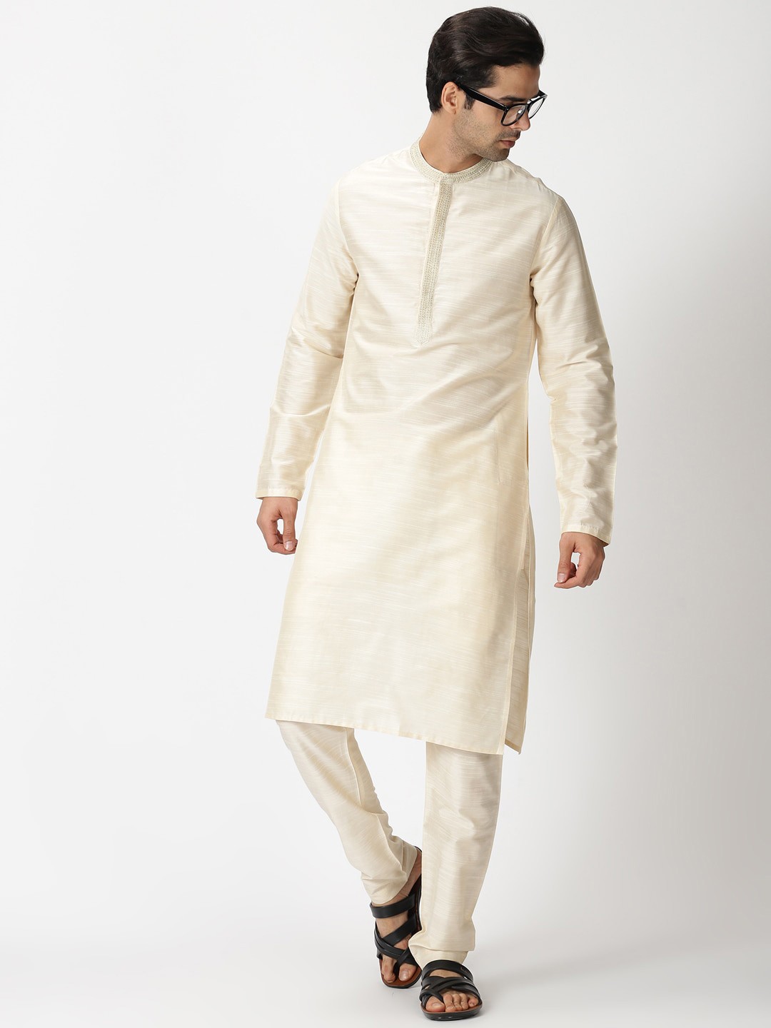 

Saffron Threads Men Off White Thread Work Art Silk Kurta with Pyjamas