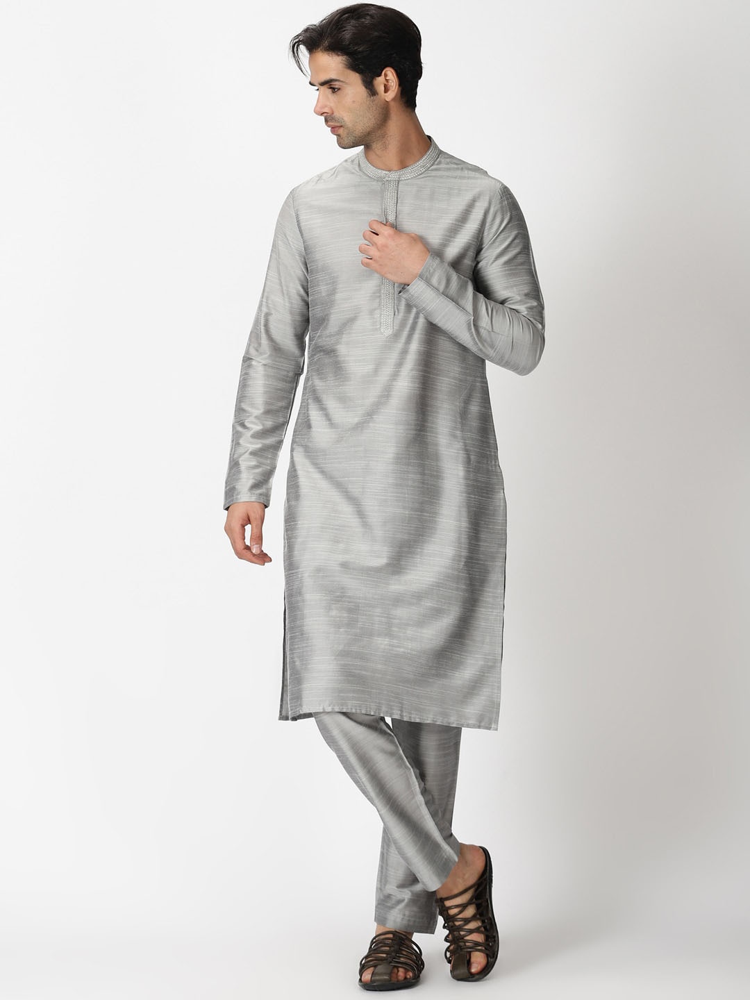 

Saffron Threads Men Silver-Toned Thread Work Art Silk Kurta with Pyjamas