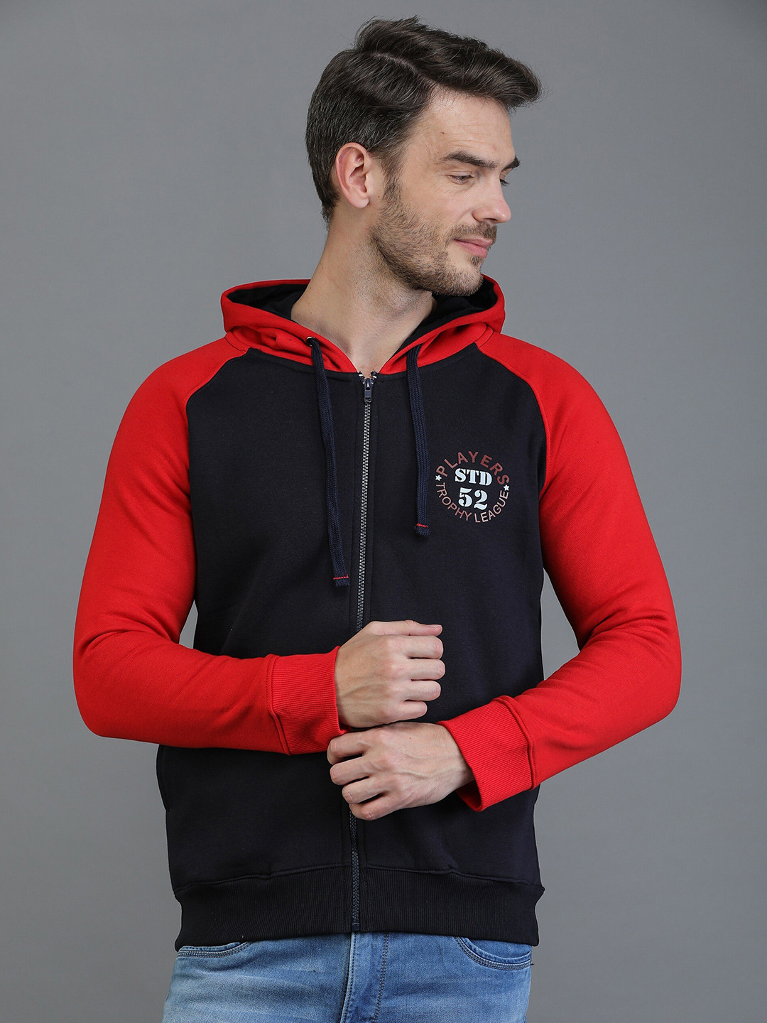 

TQS Men Navy Blue Colourblocked Hooded Fleece Sweatshirt