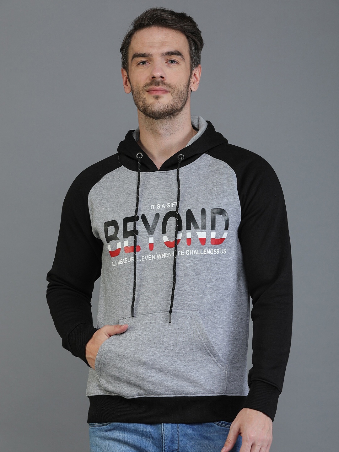 

TQS Men Grey Printed Hooded Fleece Sweatshirt