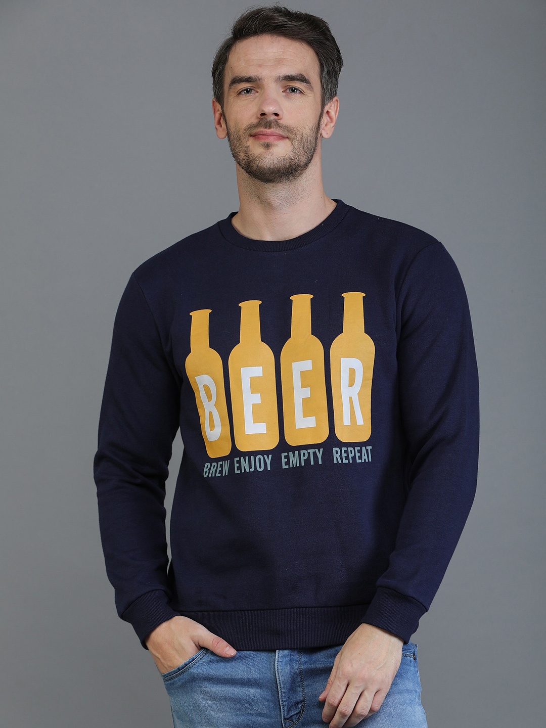 

TQS Men Navy Blue Printed Fleece Sweatshirt