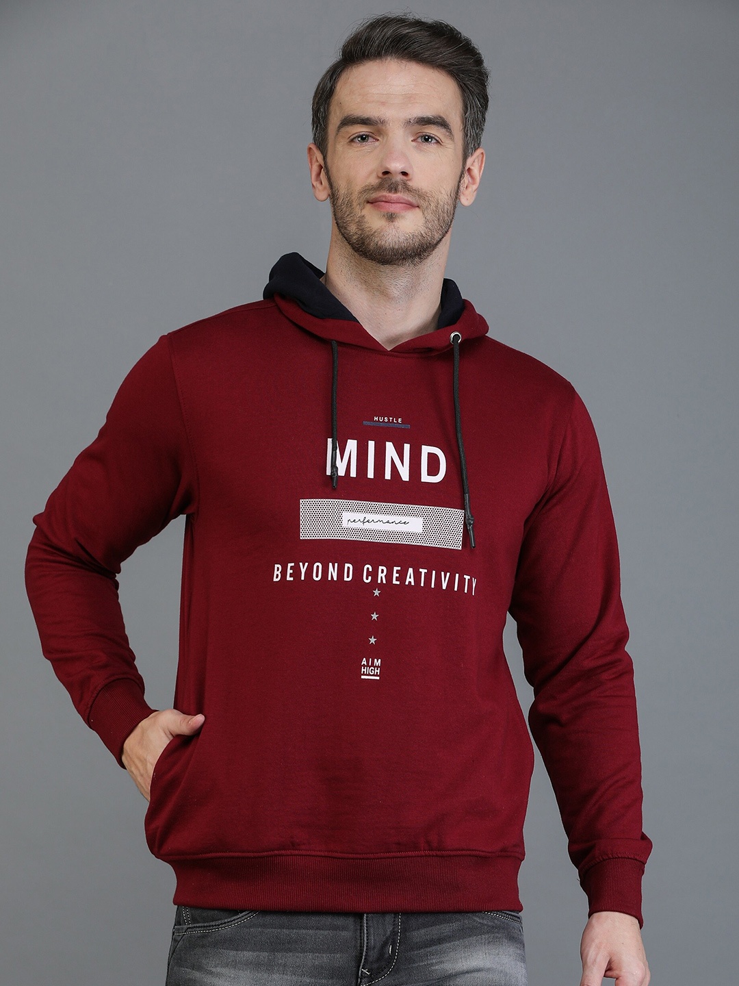 

TQS Men Maroon Printed Hooded Fleece Sweatshirt