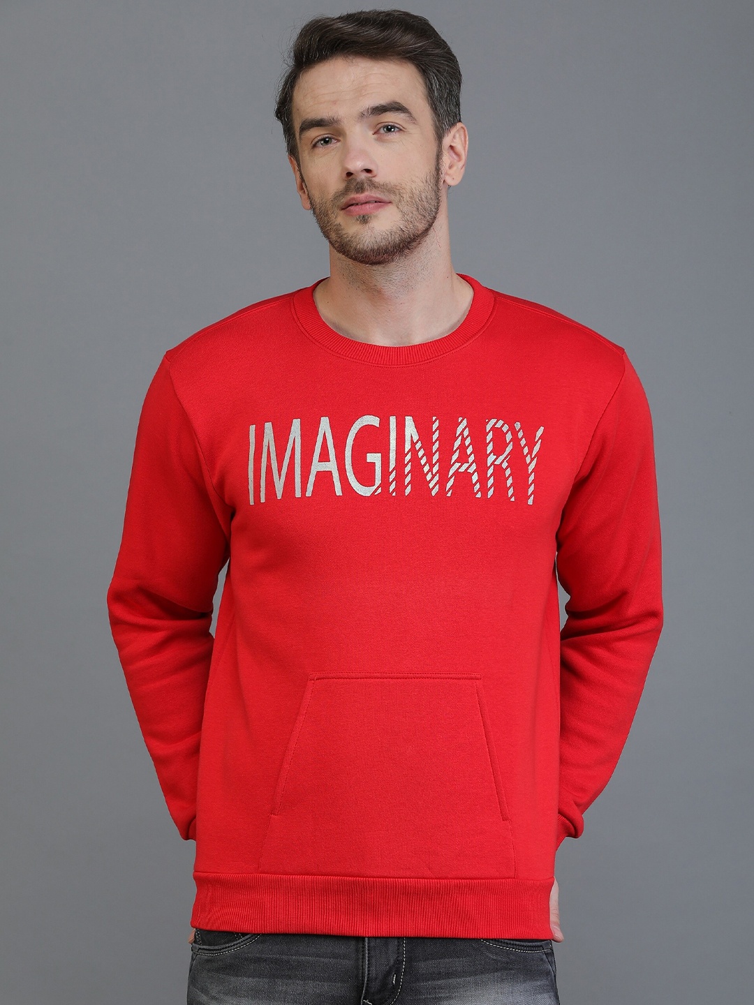 

TQS Men Red Printed Round Neck Fleece Sweatshirt