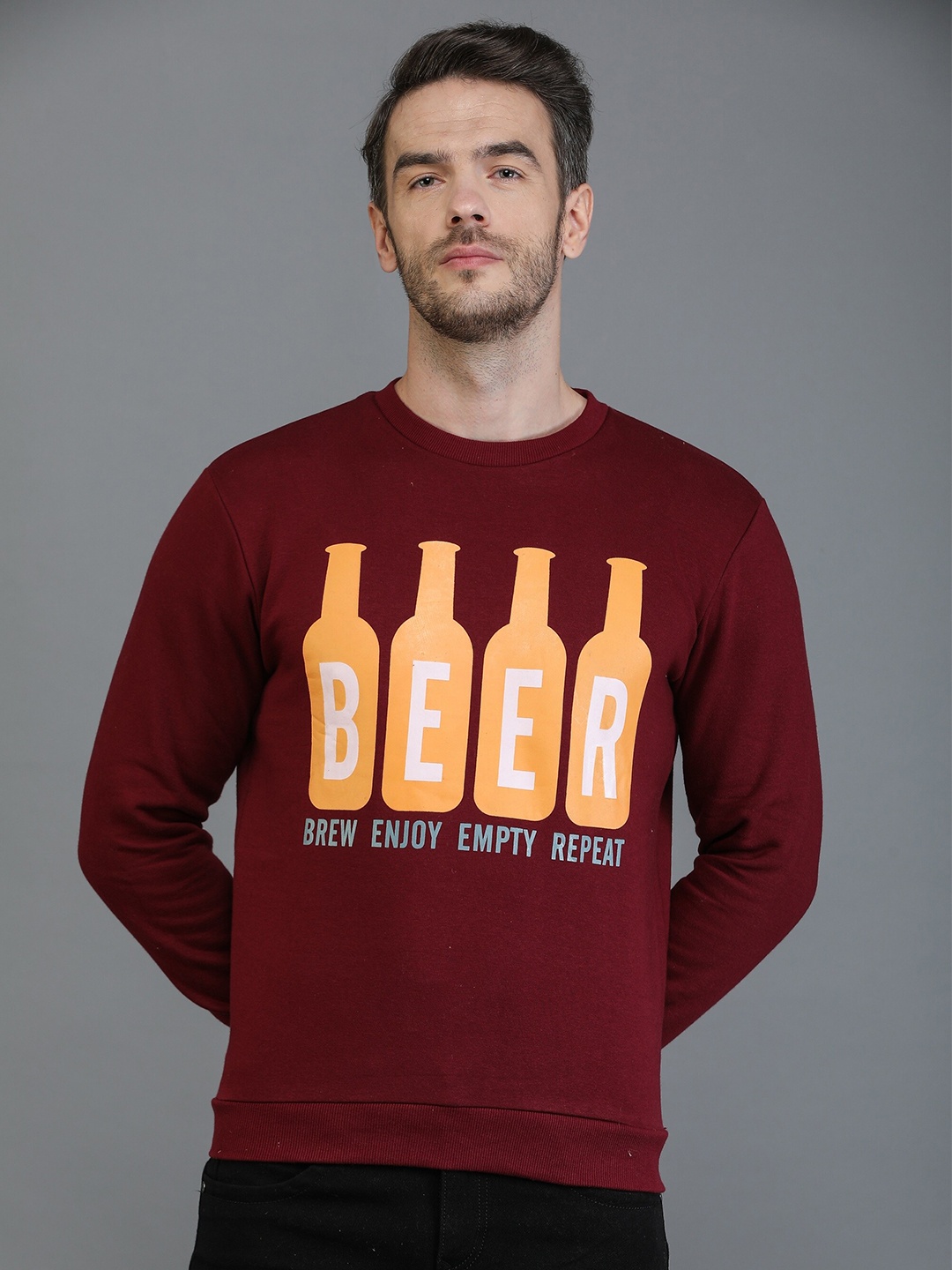 

TQS Men Purple Printed Round Neck Fleece Sweatshirt