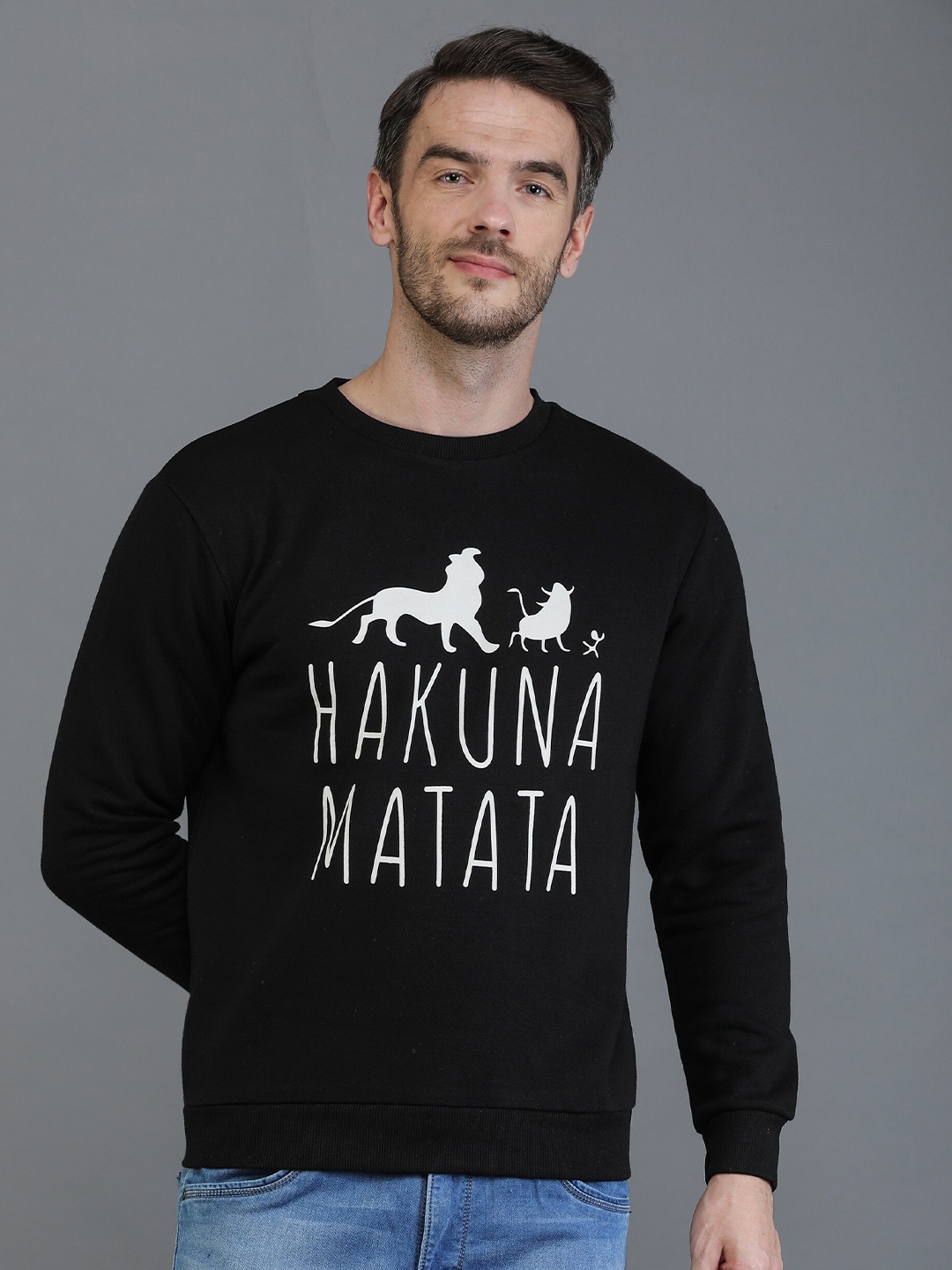 

TQS Men Black Printed Round Neck Fleece Sweatshirt