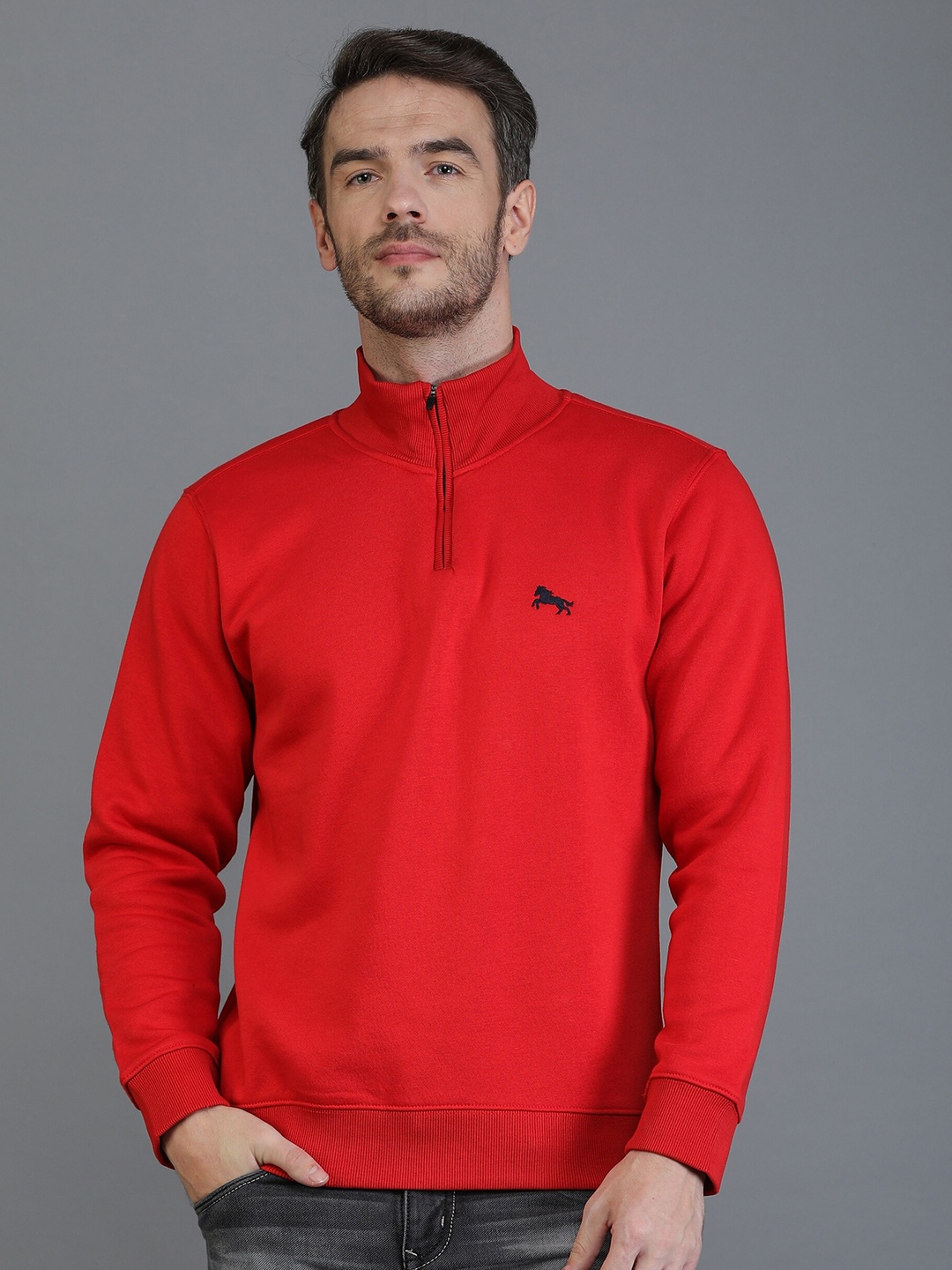 

TQS Men Red High Neck Fleece Sweatshirt