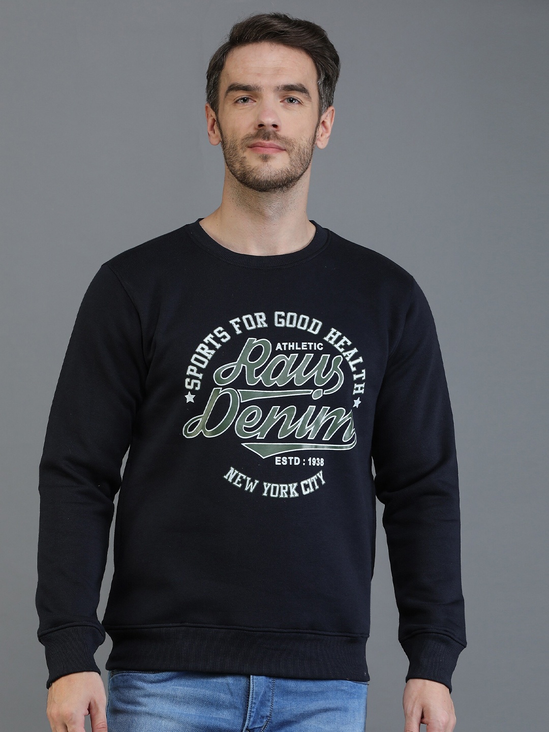 

TQS Men Navy Blue Printed Fleece Sweatshirt