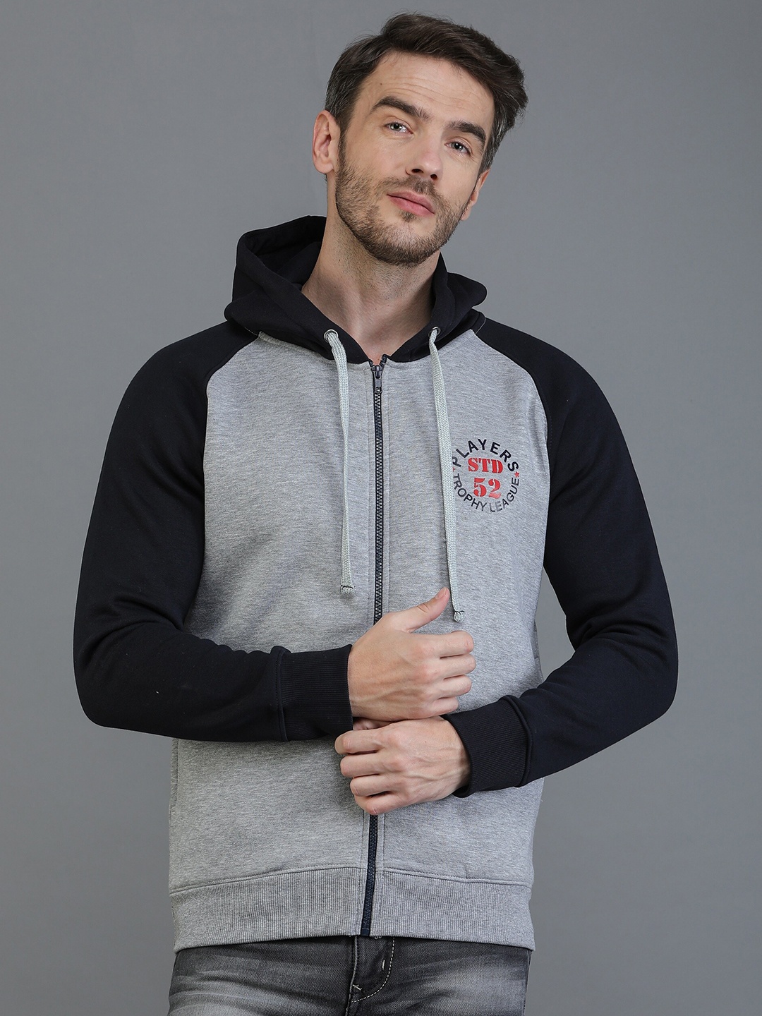 

TQS Men Grey Hooded Fleece Sweatshirt