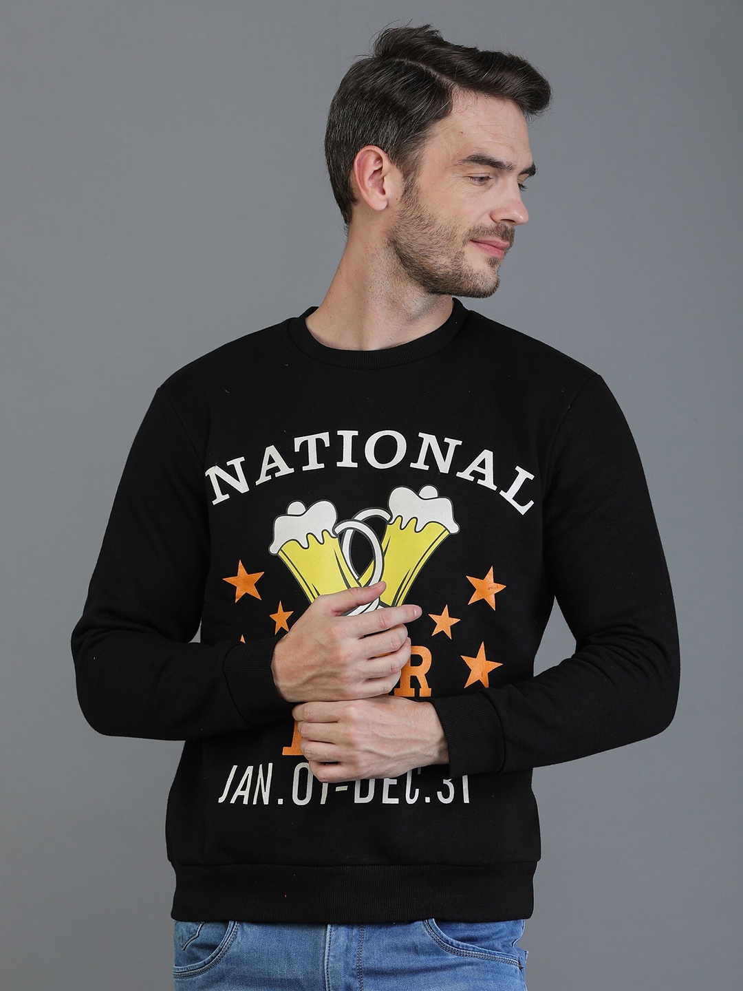

TQS Men Black Printed Round Neck Fleece Sweatshirt