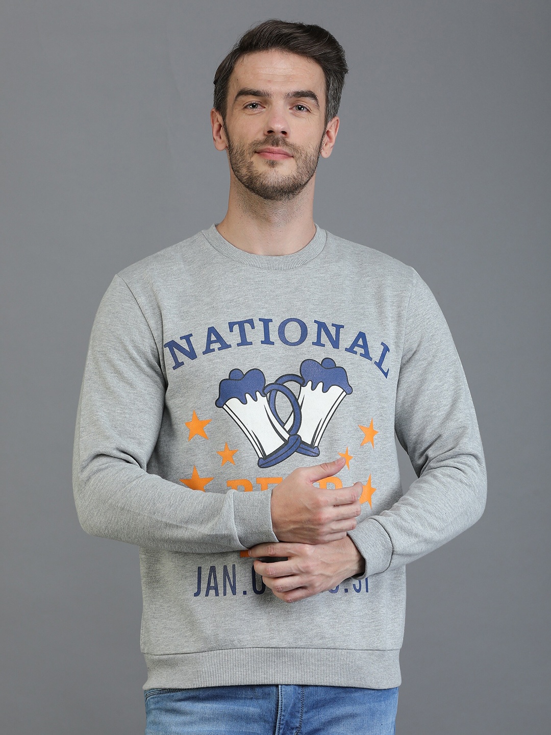 

TQS Men Grey Printed Fleece Sweatshirt