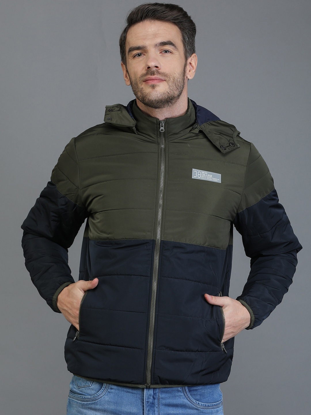 

TQS Men Olive Green & Black Colourblocked Windcheater and Water Resistant Padded Jacket