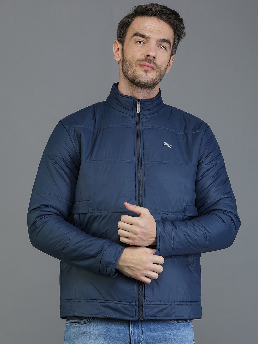 

TQS Men Navy Blue Windcheater and Water Resistant Padded Jacket