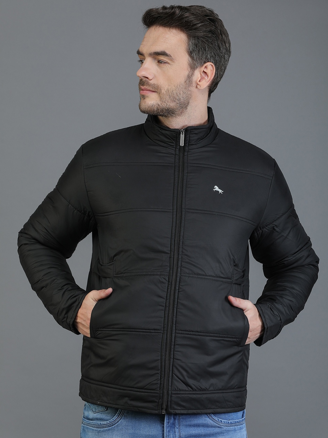 

TQS Men Black Windcheater and Water Resistant Padded Jacket