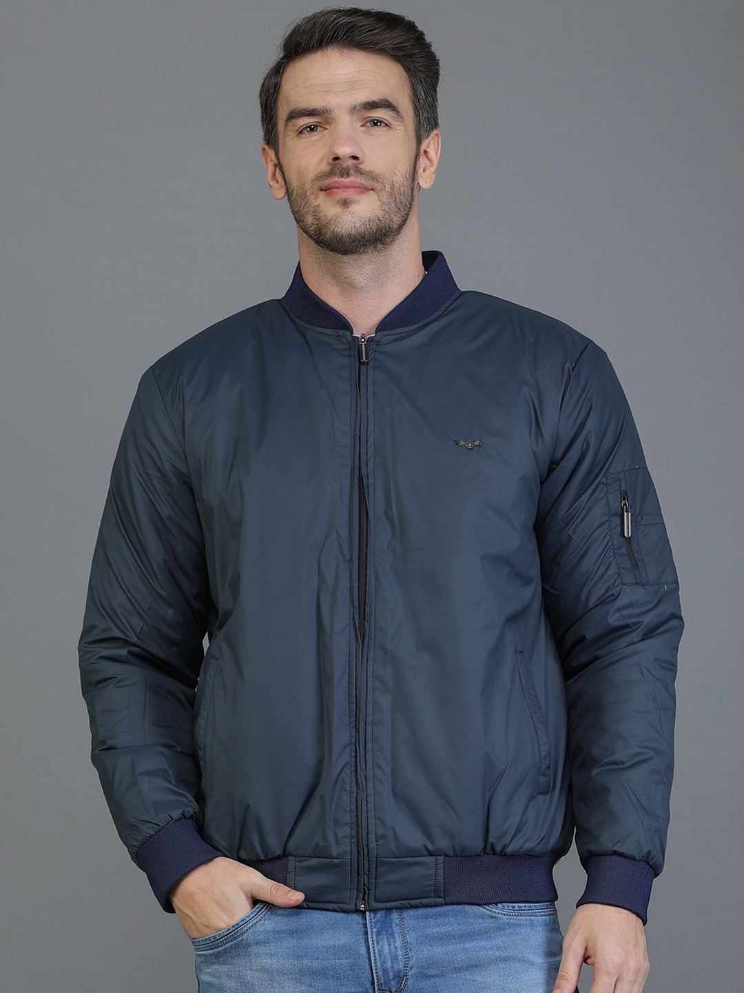 

TQS Men Navy Blue Windcheater and Water Resistant Bomber Jacket