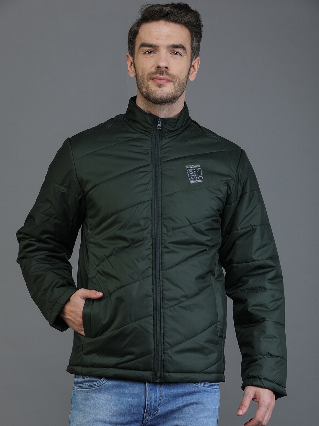 

TQS Men Olive Green Windcheater and Water Resistant Padded Jacket