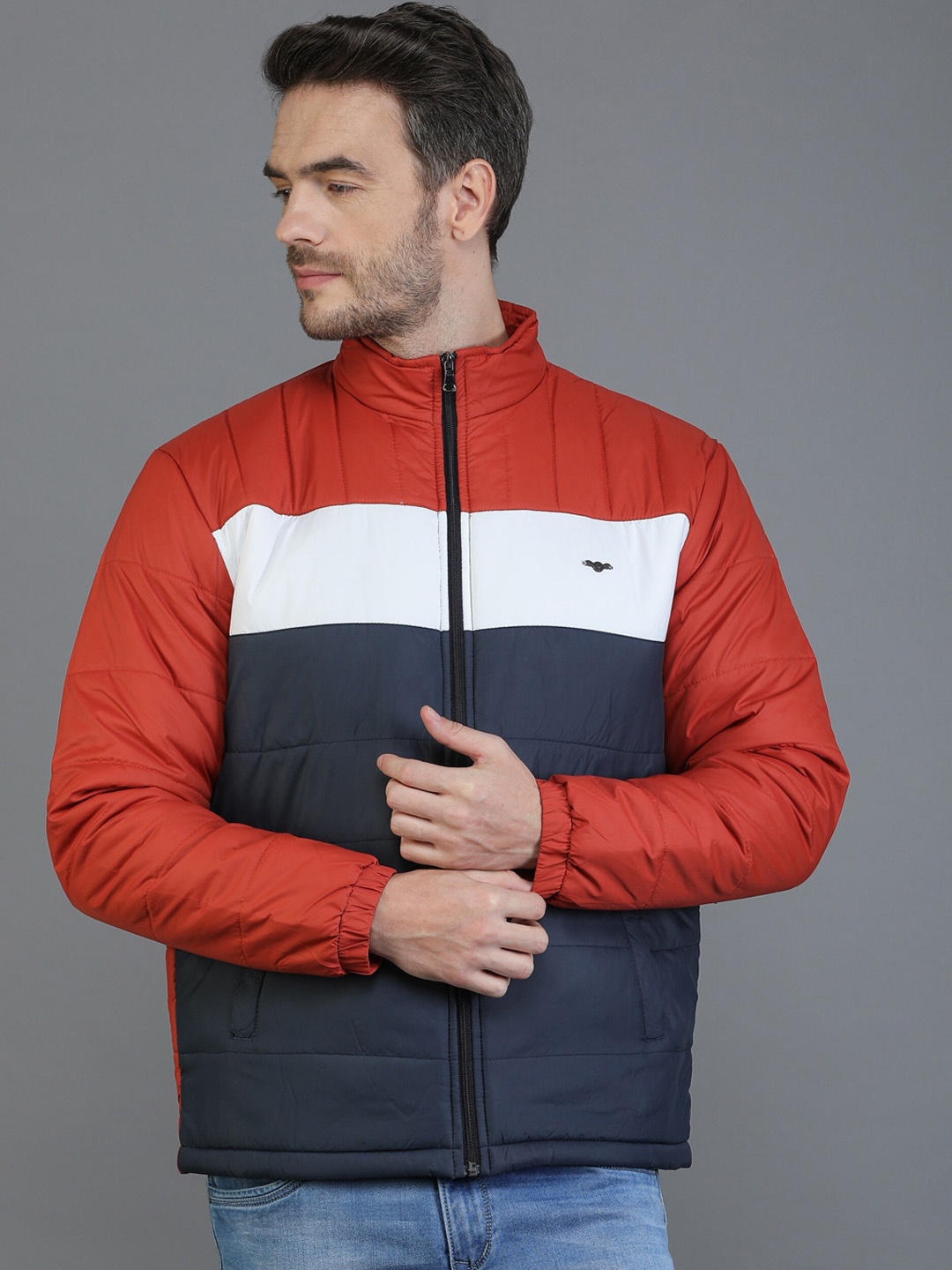 

TQS Men Red & White Colourblocked Windcheater and Water Resistant Padded Jacket