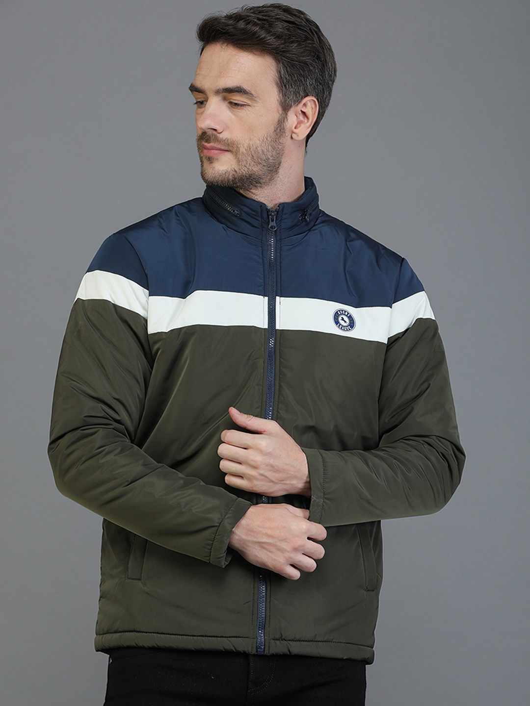 

TQS Men Olive Green & White Colourblocked Windcheater and Water Resistant Bomber Jacket