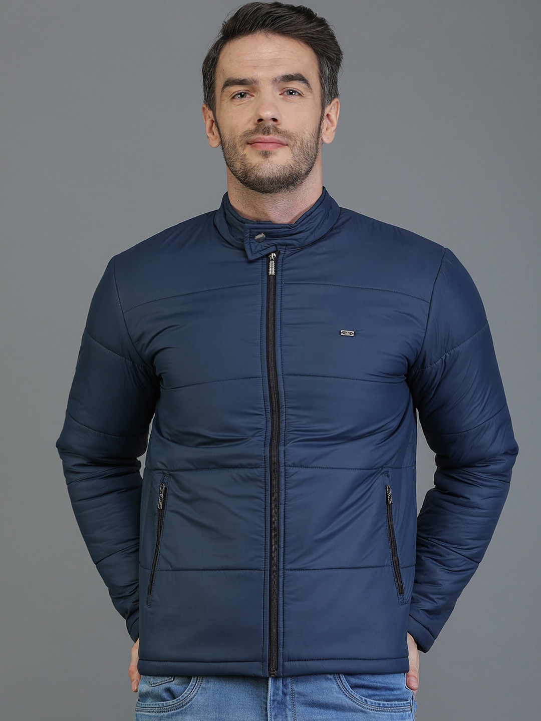 

TQS Men Navy Blue Windcheater and Water Resistant Bomber Jacket