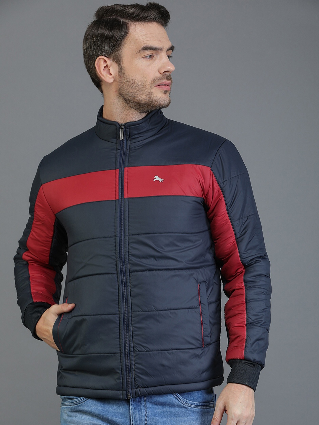 

TQS Men Navy Blue Red Colourblocked Windcheater and Water Resistant Bomber Jacket