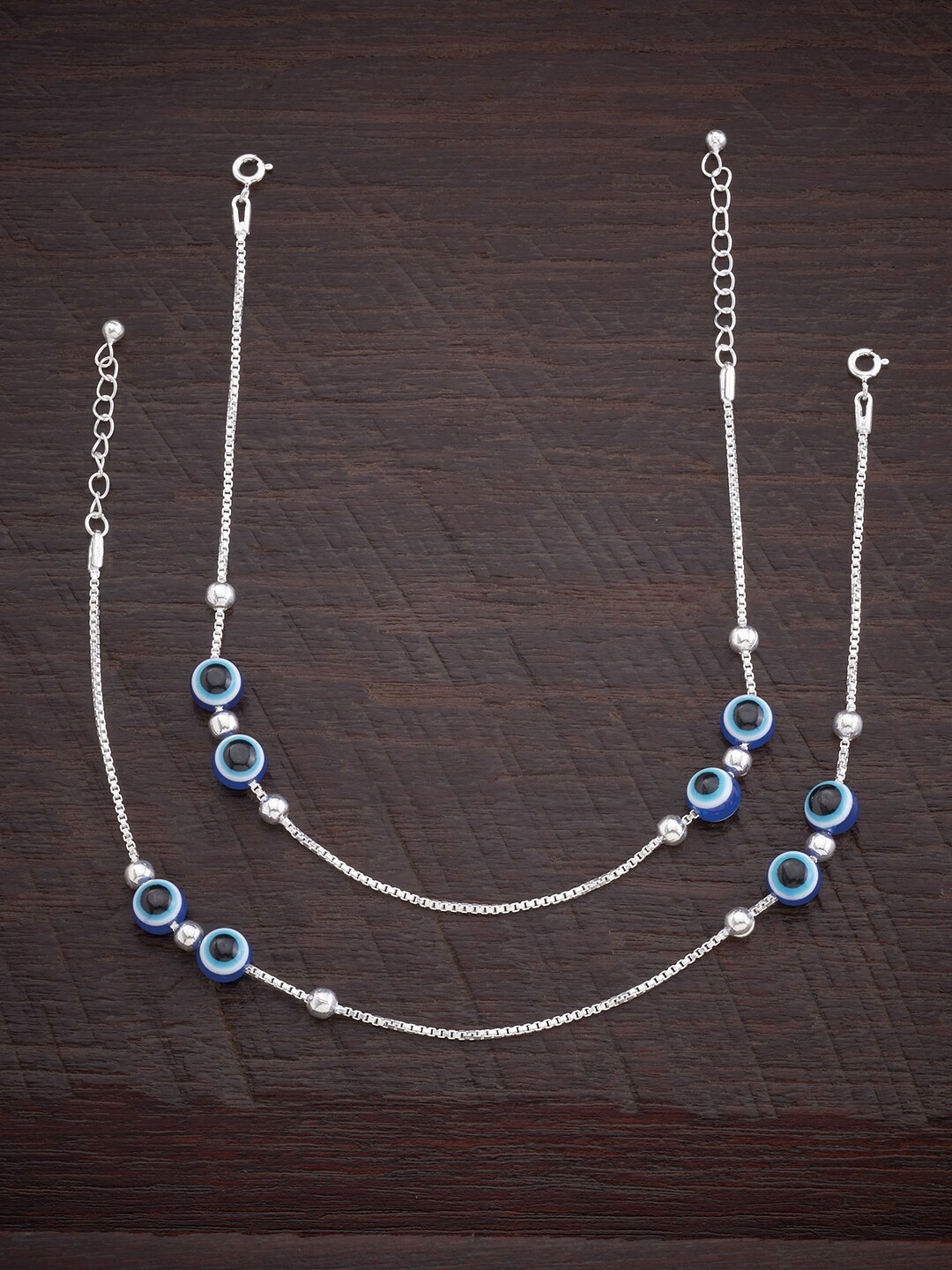 

Kushal's Fashion Jewellery 92.5 Pure Silver Evil Eye Beaded Anklet Set