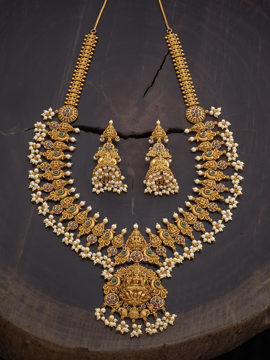 

Kushal's Fashion Jewellery Gold-Plated & Green Stone Studded Jewellery Set, Red