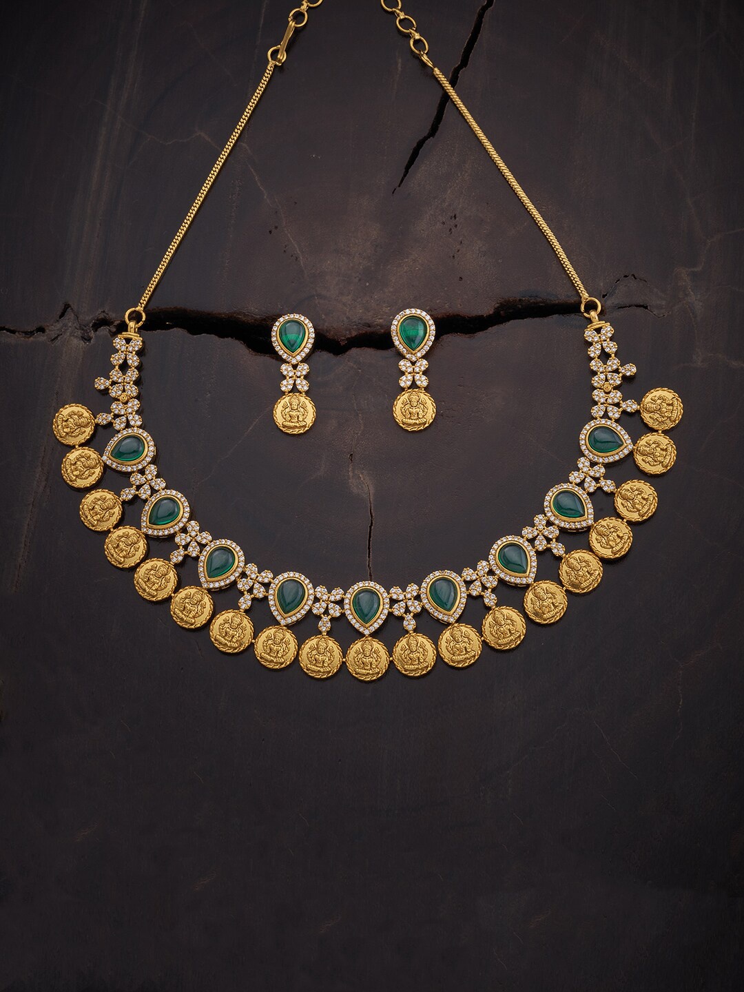 

Kushal's Fashion Jewellery Gold-Plated & Green Stone Studded Antique Jewellery Set