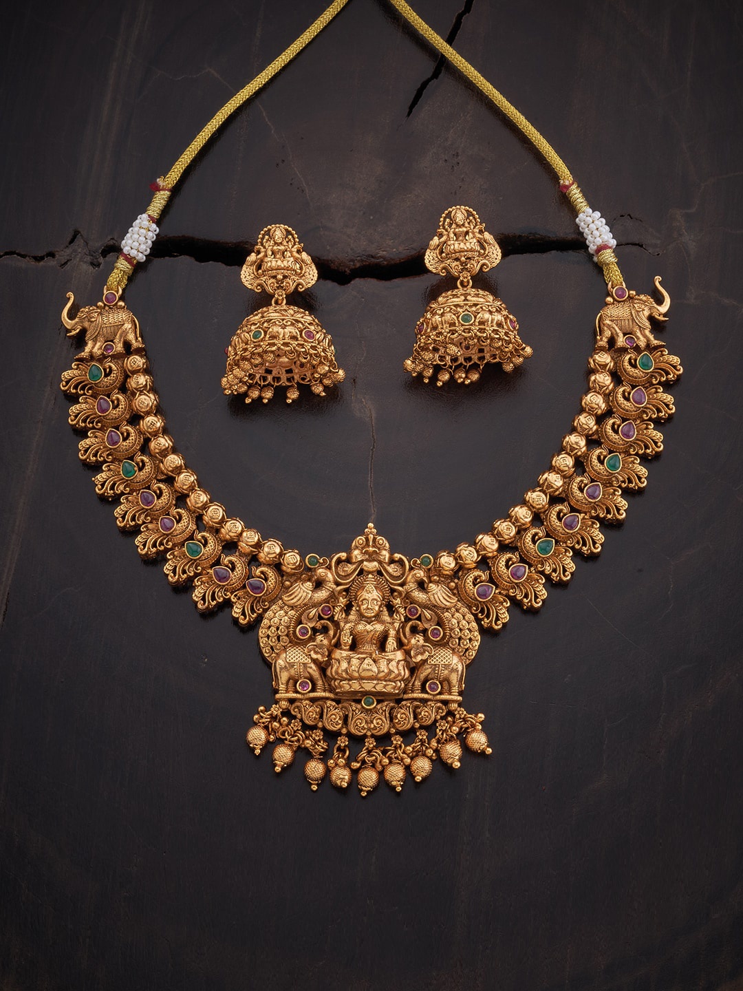 

Kushal's Fashion Jewellery Gold-Plated Red & Green Stone-Studded Jewellery Set