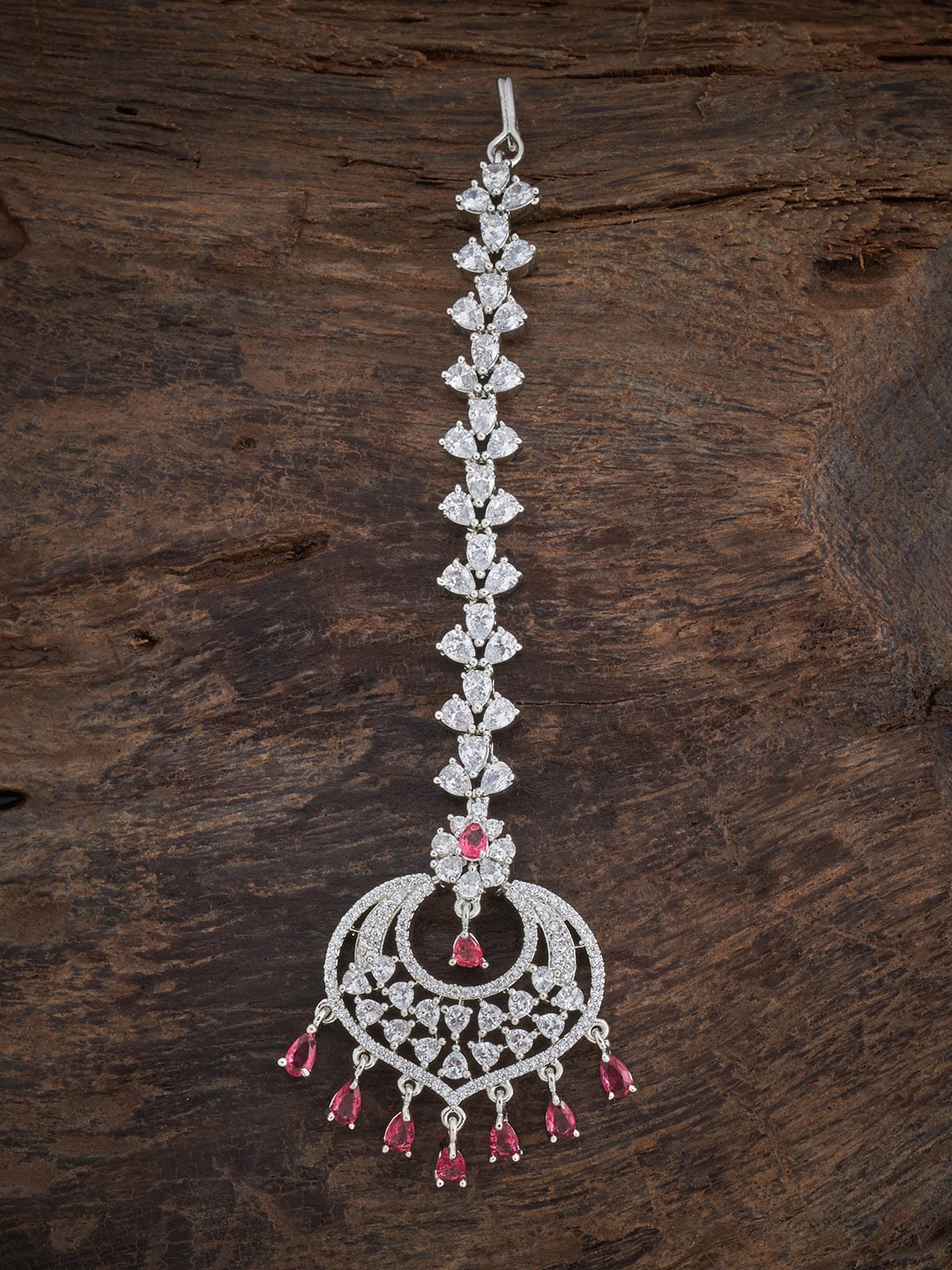 

Kushal's Fashion Jewellery Rhodium-Plated Silver-Toned White & Red Stone-Studded Maangtika