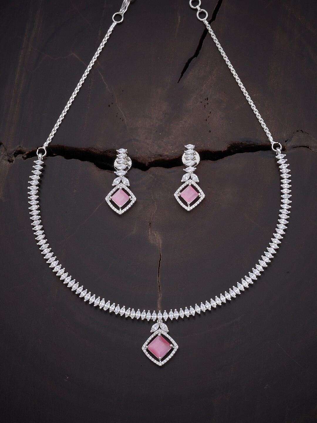 

Kushal's Fashion Jewellery Rhodium-Plated Silver-Toned White & Pink Stone-Studded Jewellery Set