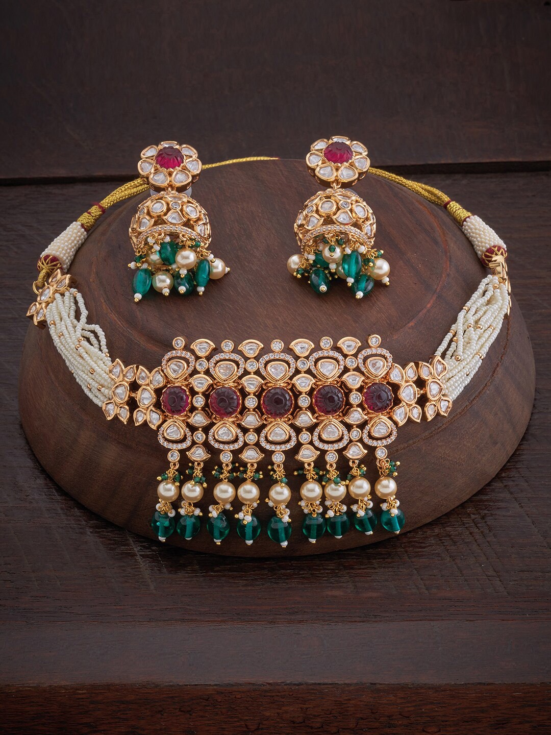 

Kushal's Fashion Jewellery Gold-Plated White & Red Stone & Pearl Beaded Jewellery Set