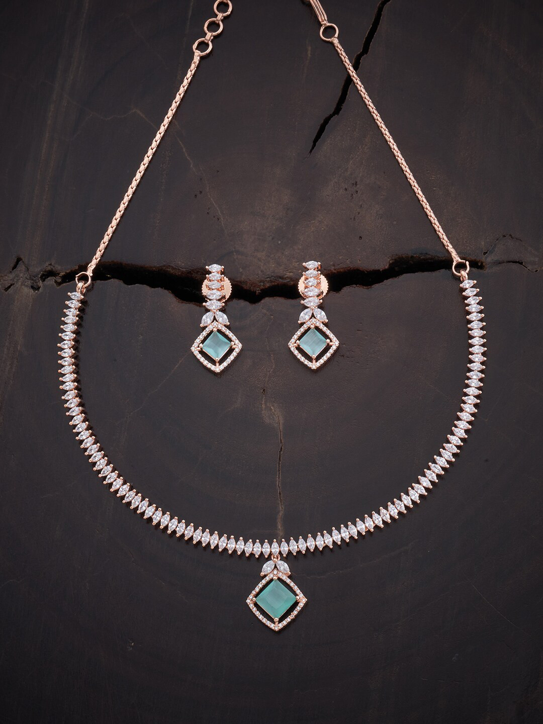 

Kushal's Fashion Jewellery Rose Gold-Plated Sea Green & White CZ Studded Jewellery Set