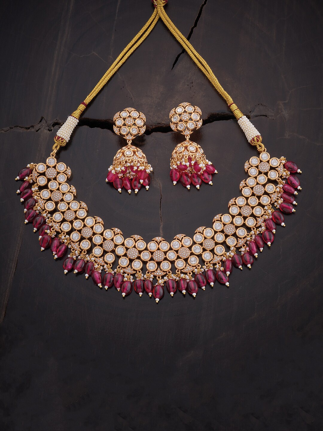 

Kushal's Fashion Jewellery Women Gold-Plated White & Red Stone & Pearl Jewellery Set