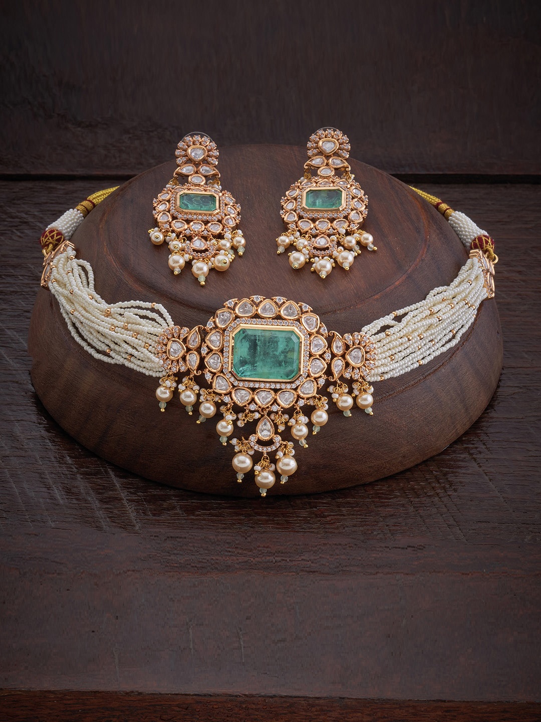 

Kushal's Fashion Jewellery Gold-Plated & Sea-Green Kundan-Studded & Pearls Jewellery Set
