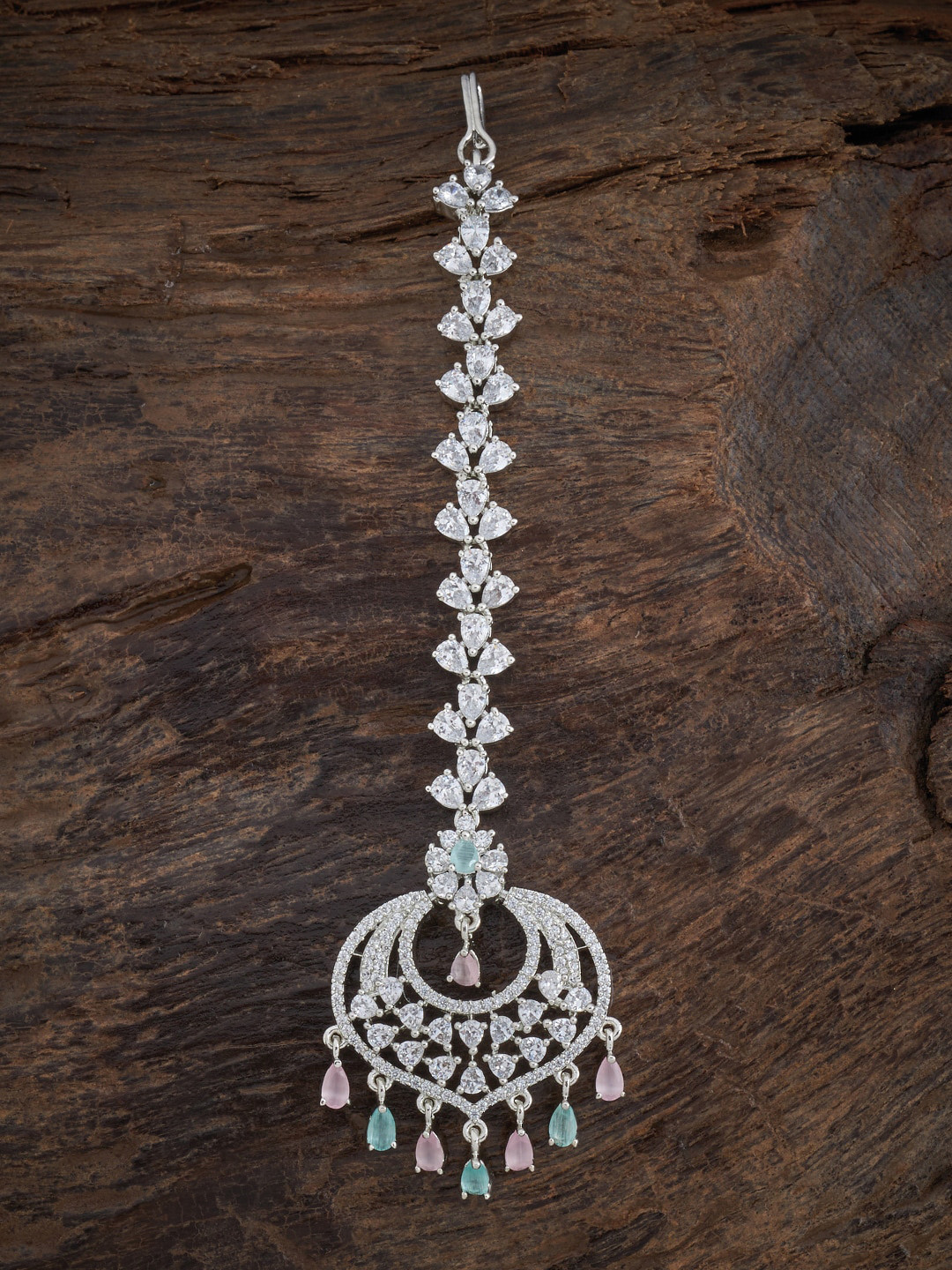

Kushal's Fashion Jewellery Rhodium-Plated Silver-Toned White & Pink Stone-Studded Maangtika