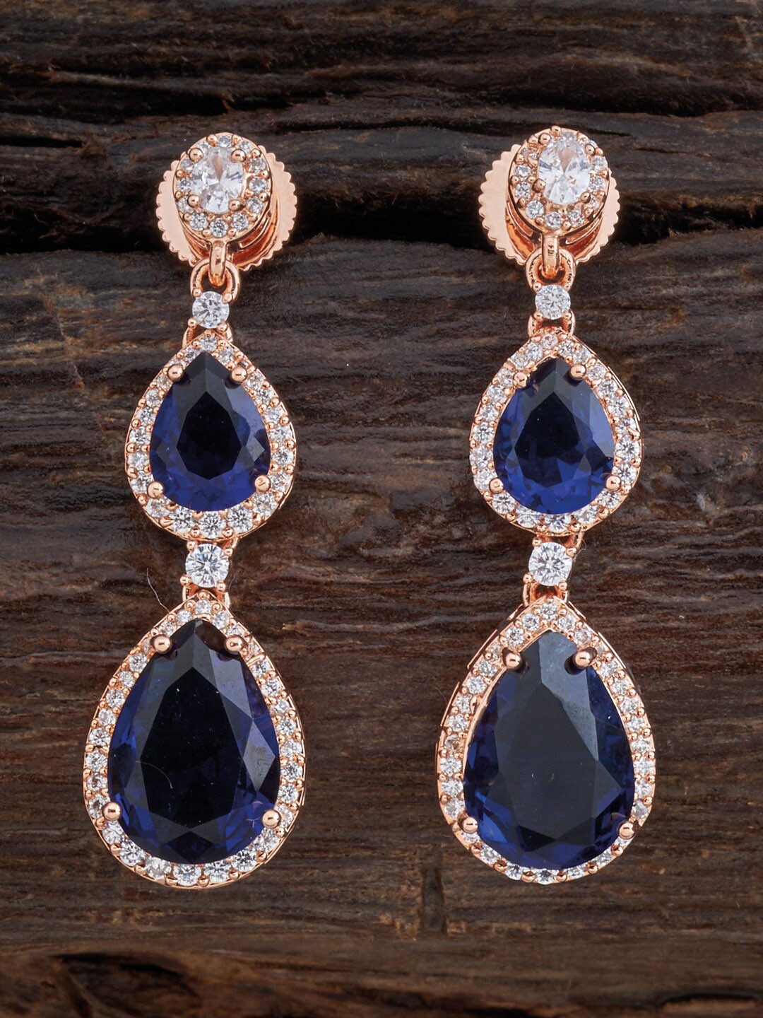 

Kushal's Fashion Jewellery Rose-Gold Polish Blue Teardrop Shaped Drop Earrings