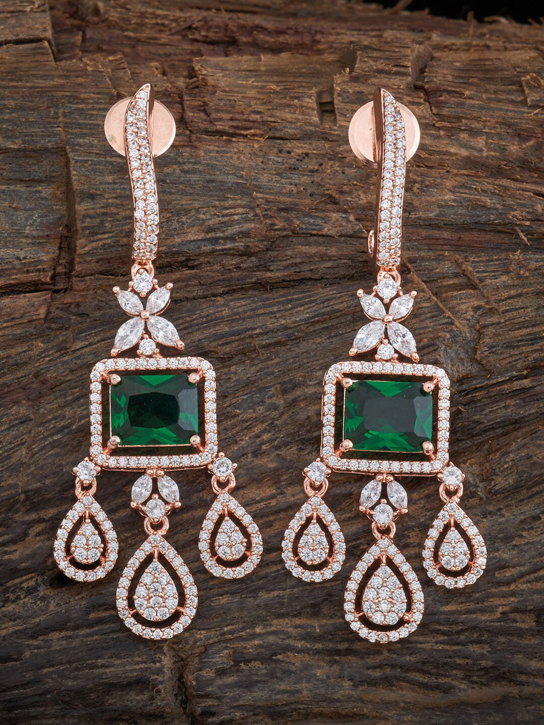 

Kushal's Fashion Jewellery Rose-Gold Polish Green Teardrop Shaped Drop Earrings