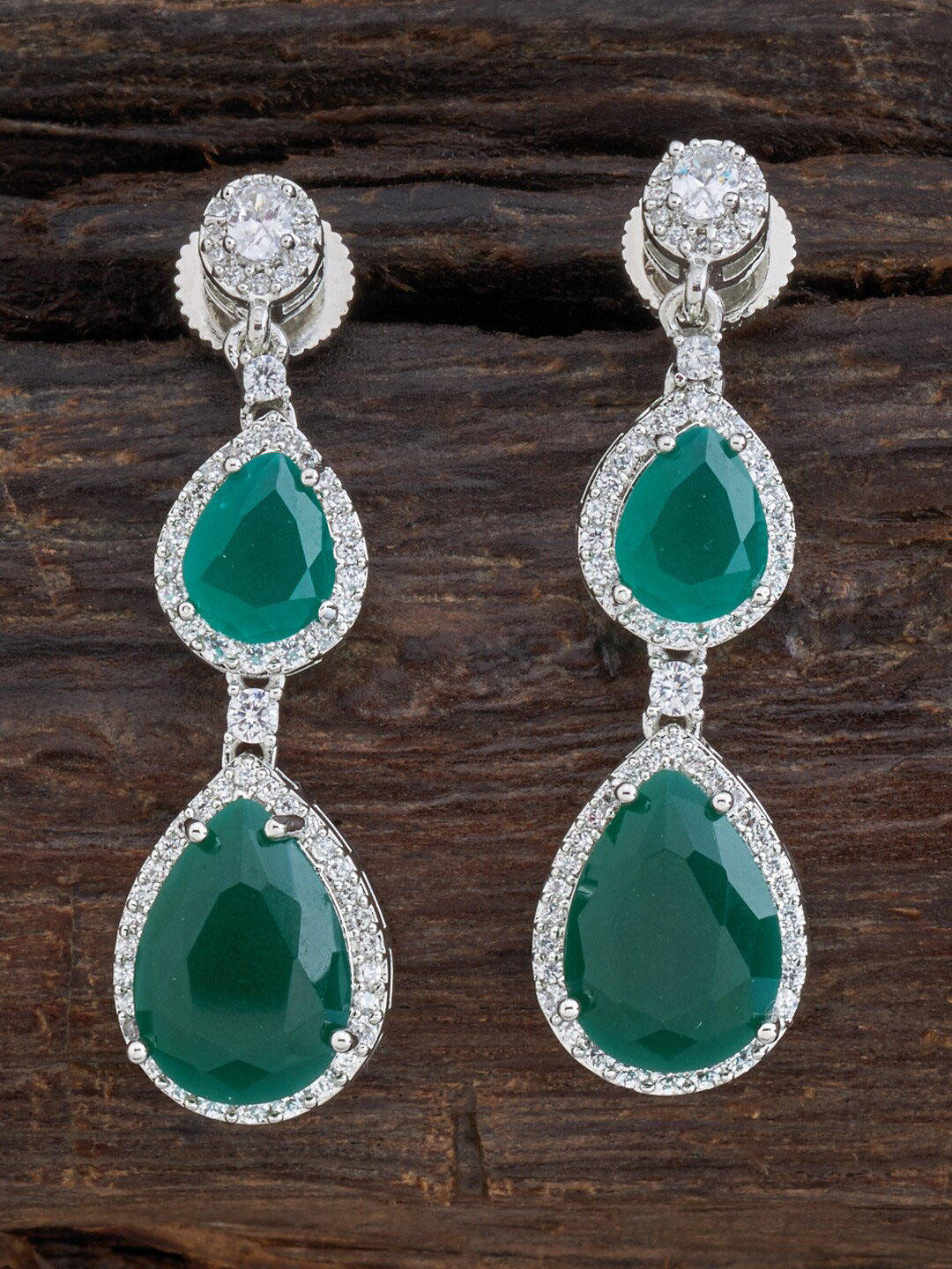 

Kushal's Fashion Jewellery Rhodium Polish Green Teardrop Shaped Drop Earrings